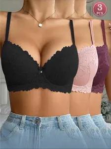 3Pcs Women's Lace Underwire Bra, Medium Support Push up and Natural Lift, Adjustable Straps Elegant Backless Double Button Design, Soft Breathable everyday wear Elegance Underwear Lace Bras