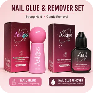 ASKISS Nail Glue (10ml) & Remover (20ml) Set - Strong Hold Adhesive No UV Lamp for Press-on Acrylic Tips & Fake Nails, 5s Quick Dry, Professional DIY Manicure Essentials Kit Set