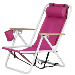 Folding Beach Chair, 4 Position Portable Backpack Foldable Camping Chair with Headrest Cup Holder and Wooden Armrests, Pink adjustable