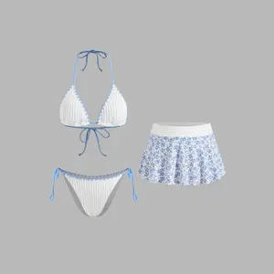 Cider Rib Halter Neckline Contrasting Binding Triangle Bikini Set & Floral Cover Up Skirt