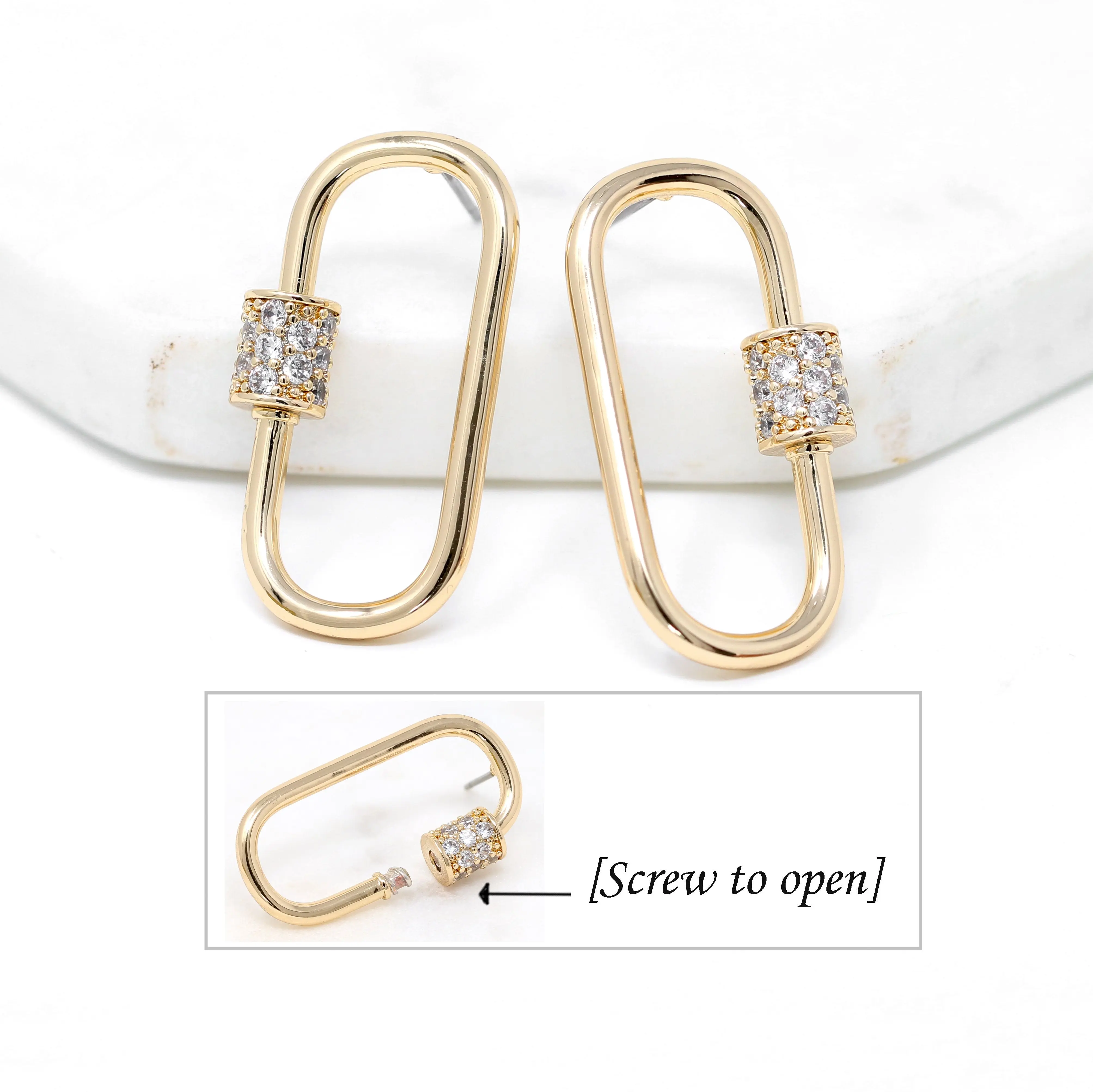 Bauble Sky Pave Carabiner Lock Stud Earrings - Two-Sided Design with Screw to Open Mechanism, Ideal for Everyday Use