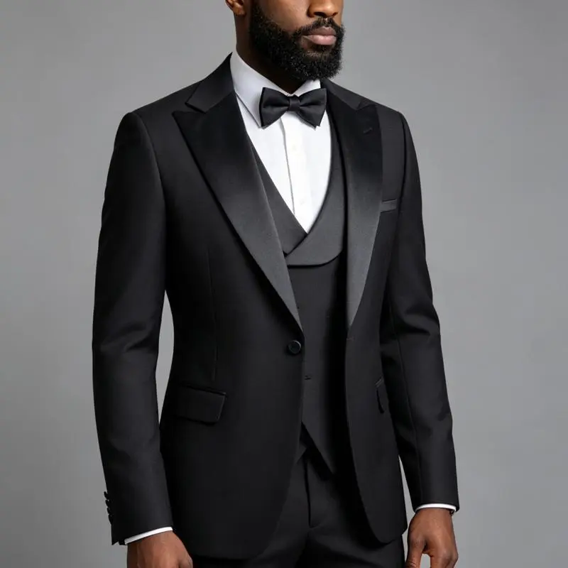 Men's Classy 3-Piece Polyester Double Breasted Suit Set - Long Sleeve Striped Peak Lapel Tuxedo Jacket, Matching Vest & Trousers, Formal Menswear for Business, Wedding