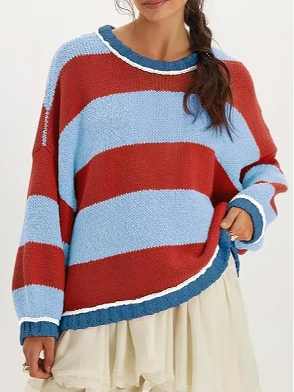 UANEO Women's Thick‑Knit Striped Pullover Sweater, Long‑Sleeve Crew Neck, Loose Slouchy Fit, Suitable for Autumn, Winter and Spring, Comfortable & Casual