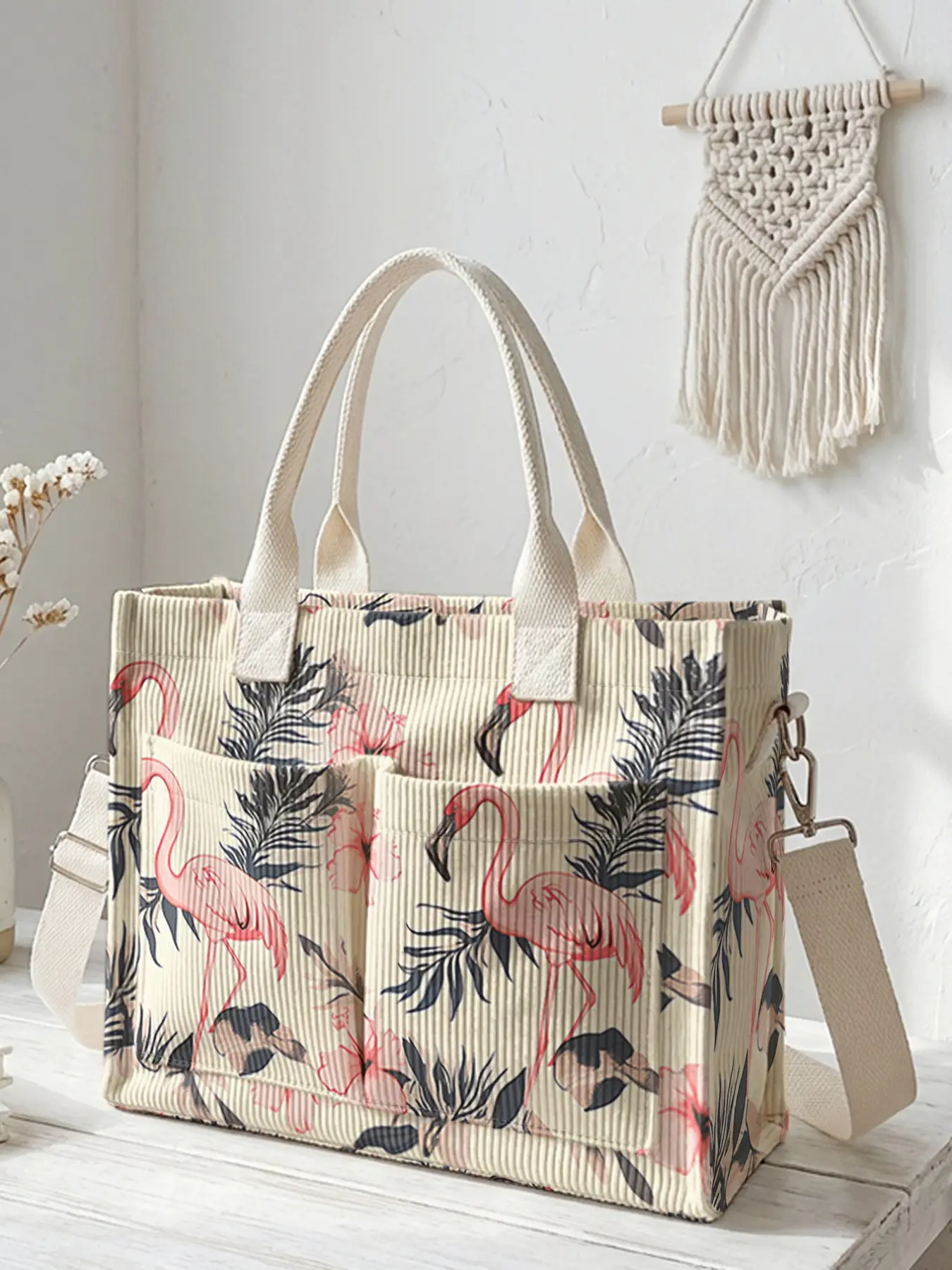 Flamingo Print Travel Bag, Storage Tote Bag, Everyday Tote Bag, Large Capacity Storage, Durable Multi-Pocket Design, Ideal for Work, Shopping, Picnic, All Seasons, Fashionable Bags