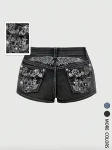 Women's Y2K Retro Wing Skull Embroidery Low Waist Ultra-Short Denim Shorts, Stylish and Trendy Design, Perfect for Casual Wear