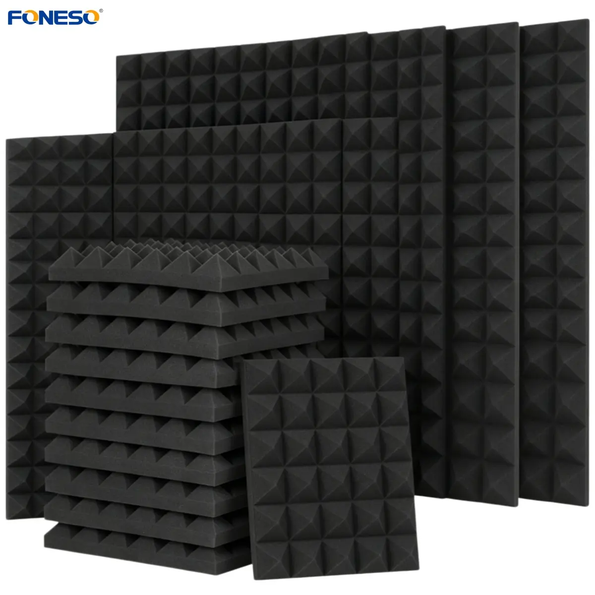 12 PACK 2 inch - 25kg/m³ High Density Soundproof Acoustic Foam Panels Pyramid Designed - Black, Fire Resistant Sound Proof Foam Panels Acoustic Panels, For Studio Wall Ceiling Meeting Room Decorative 3D Wall Panel - 12x12x2 inch