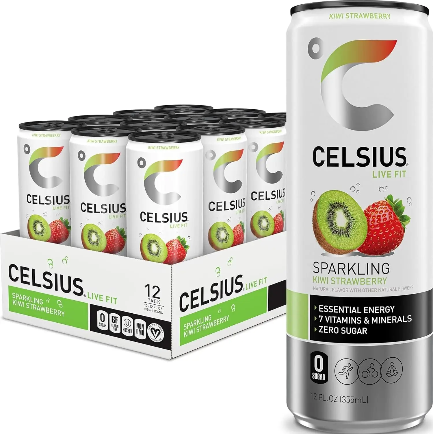 CELSIUS Sparkling Kiwi Strawberry Energy Drink, Zero Sugar, 12 oz Cans (12 Pack)