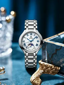 Women's Quartz Watch with Moon Phase Function, Stainless Steel Case and Band, Dial Blue Roman Numerals, Waterproof, All Seasons