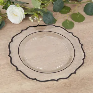 10-Pack Plastic Round Dinner Plates 10" Clear with Black Scalloped Rim - Disposable Party Plates