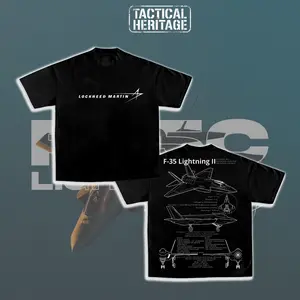 Tactical Heritage F-35 Lightning II Blueprint Double-Sided T-Shirt, Vintage Lockheed Martin Graphic Tee, Retro Fighter Jet Streetwear, Heavy Cotton Tactical Collection, Gift for Men