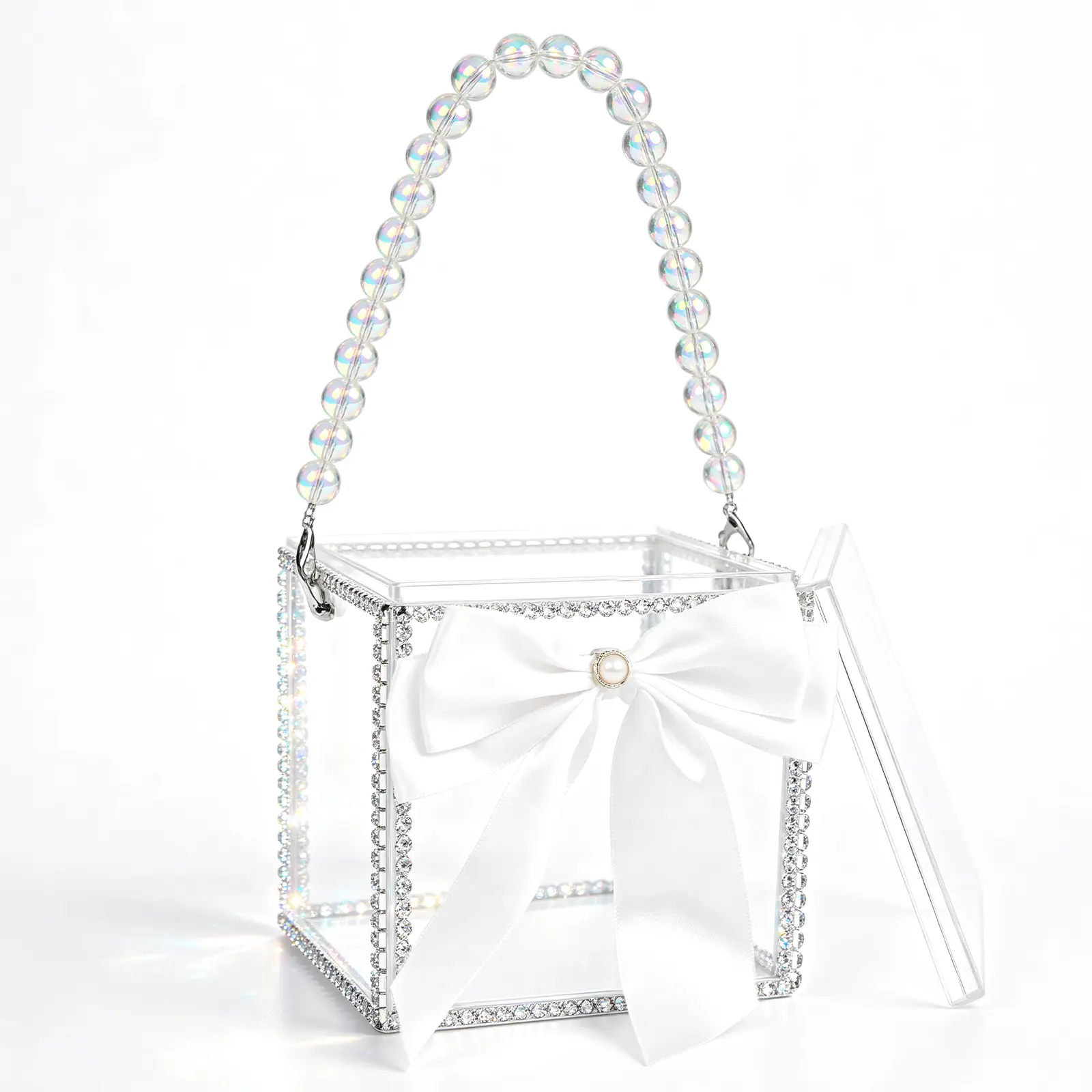 Wedding flower girl transparent pearl handle flower basket, brick and stone edge flower basket, colorful paper scraps decorative flower rack container