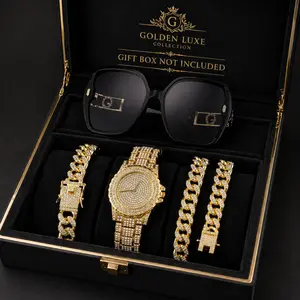 Men’s 4PCS Gold Tone Rhinestone Jewelry Set Watch Cuban Chain Bracelet Sunglasses