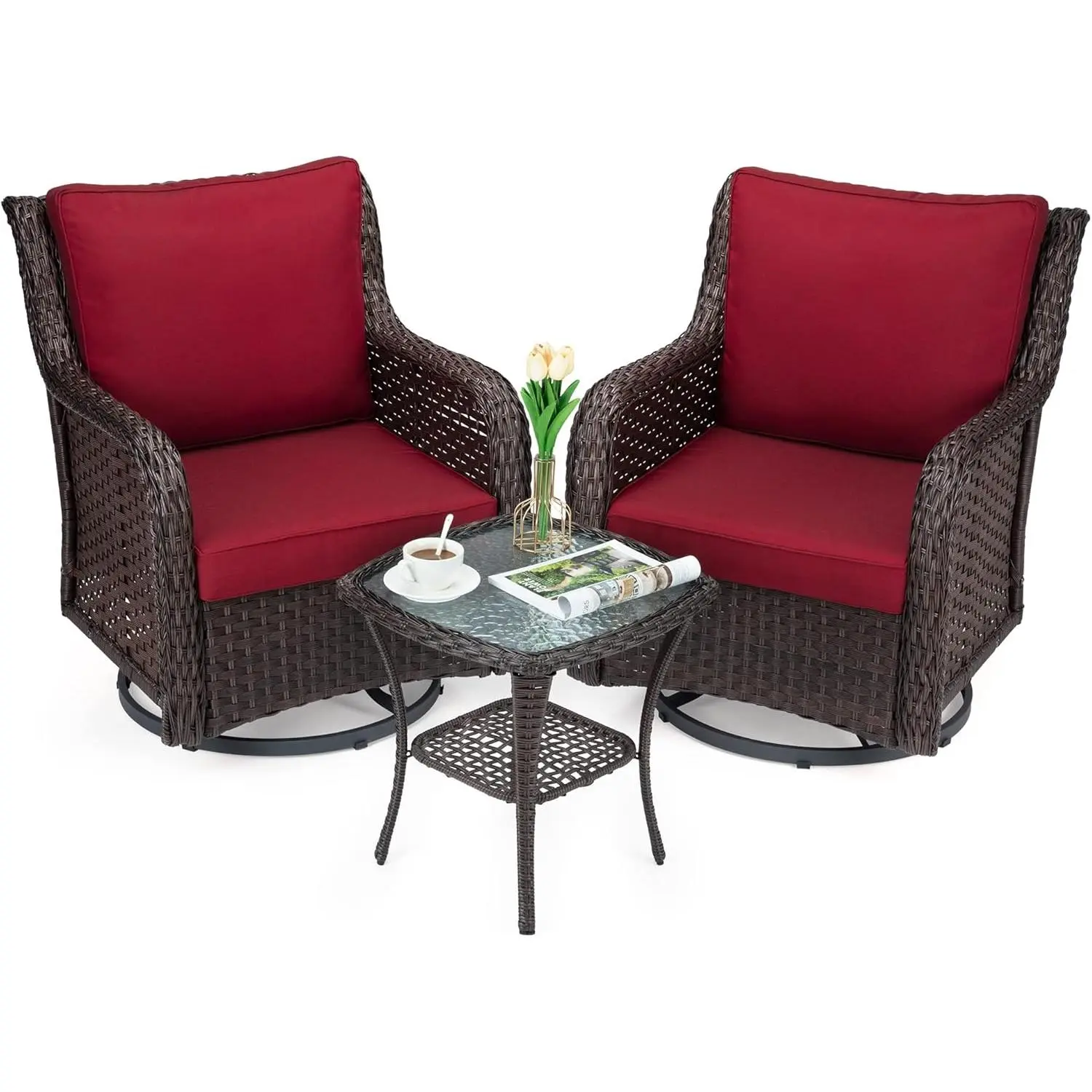 360 Swivel Wicker Patio Glider Chair Set - 3-Piece Outdoor Rocking Chairs with 4" Thick Cushions & Armored Glass Coffee Table - Garden Bistro Furniture for Porch, Balcony, Deck