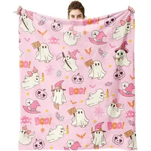 1PC Halloween Cute Ghost Throw Blanket Pink Lightweight Blanket for Couch Bed Car Home Camping All Season Gift mother Satin Ruffle Bedding Set
