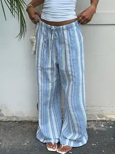 Summer Dopamine Resort Style Colorblock Striped Wide-Leg Pants, Women's Linen Casual Long Trousers, Loose-Fitting Comfortable Clothing, Drawstring