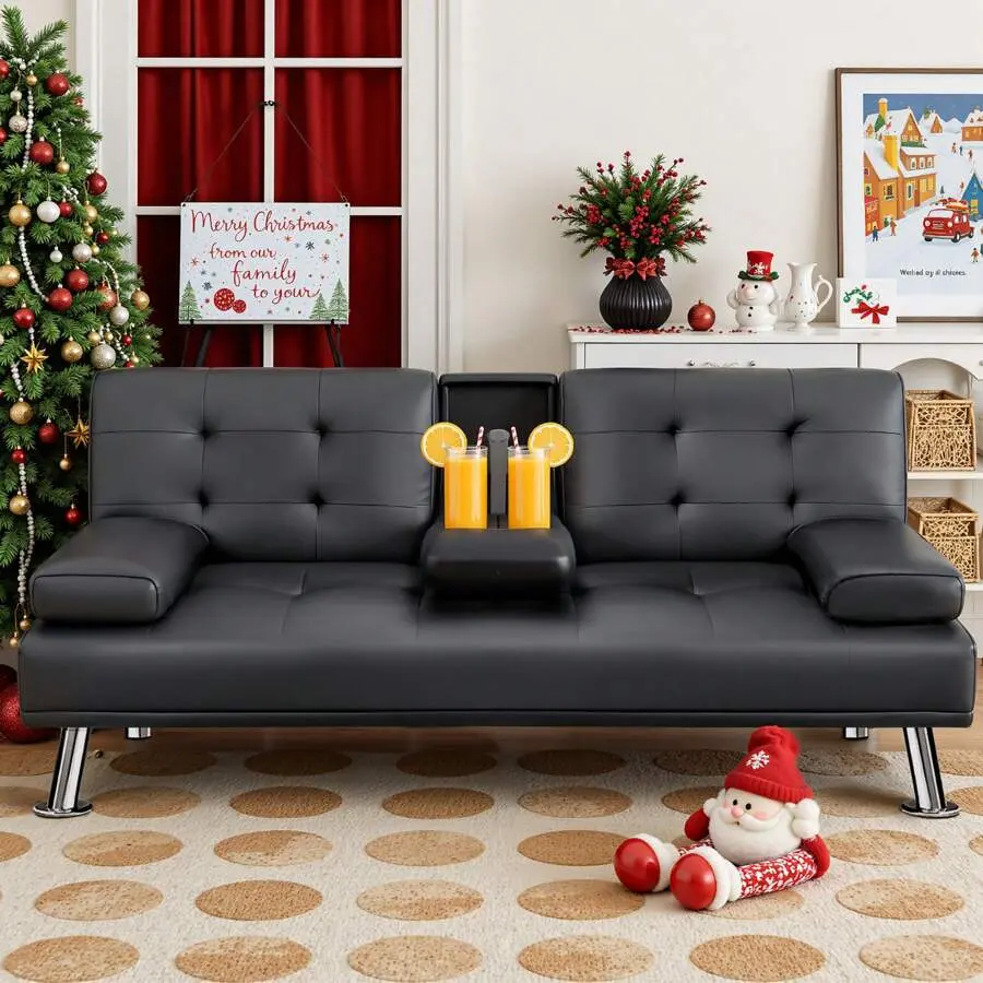 Modern Faux Leather Convertible Sofa Bed - Flexible Foldable Futon Set, Adjustable Recliner Couch, Metal-Frame Indoor Furniture with 2 Cup Holders for Living Room Watch Parties