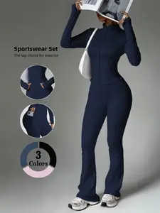 Women's High-End Yoga Set, Slimming Half High Neck Jacket + Peach Hip Lifting Tight Yoga Bell Pants, High Stretch Sports Breathable Outfits