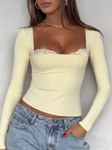 Women's Lace Trim Long Sleeve Top, Elegant Casual Blouse, Stylish Ladies' Fashion Shirt, Perfect for Daily Wear & Office, All Seasons Blouse