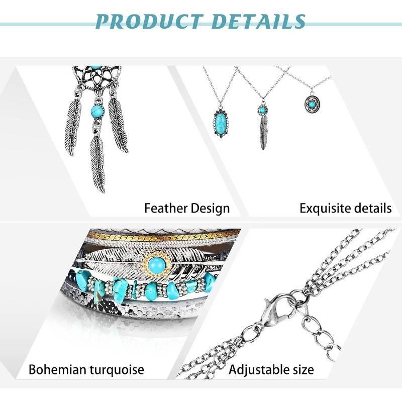 3 Pcs Bohemian Western Turquoise Jewelry Set for Women Pendant Necklace Dangle Earrings Bracelet Gift for Christmas New Year Daily Wear
