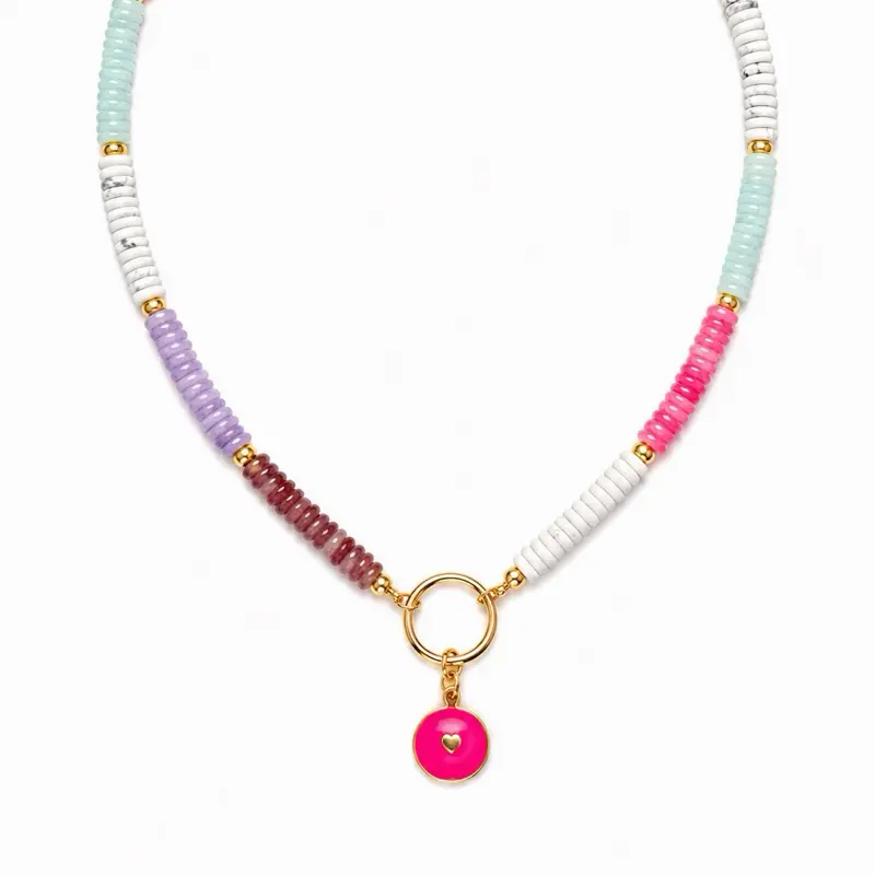 Colorful Heishi Bead Necklace with Pink Heart Charm – Trendy Summer Boho Jewelry for Women