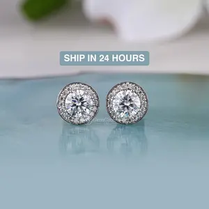 Moissanite Round Cut Halo Stud Earrings