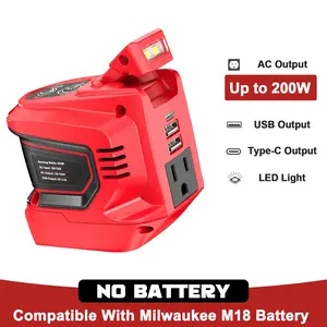 200W Power Inverter for Milwaukee M18 Battery, Battery NOT Included, DC 18V to AC 110V~120V Battery Inverter, Portable Power Station Generator with 2 USB Ports & 1 Type-C & 1 AC Outlet