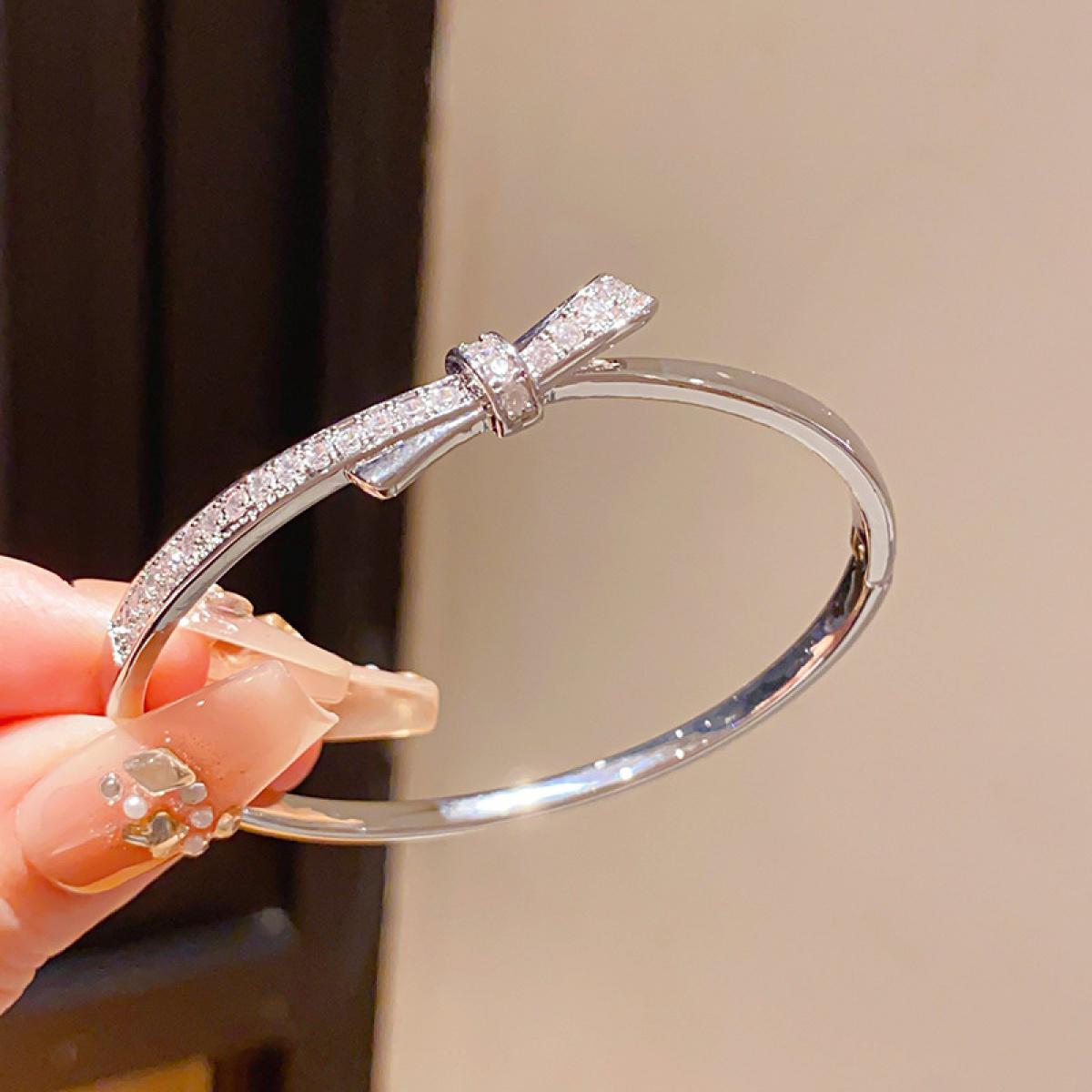 Elegant Bow-Shaped Open Cuff Bangle, Luxury Sparkle Statement Bracelet for Women, Versatile Daily Wear & Occasion Jewelry, 2 Finishes Available