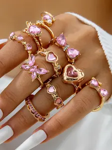 10 Piece Heart Butterfly Artificial Gemstone Ring Set, Elegant Everyday Ring, Alloy & Gemstone Jewelry Series, Women's Fashion Accessories, Party Gift