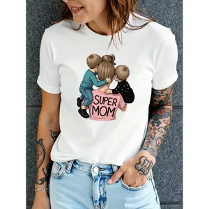 Women's Super Mom Print T-Shirt - Short Sleeve Round Neck Casual Top with "Super Mom" & "Mom" Text