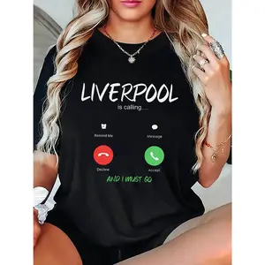 Women's Liverpool Graphic T-Shirt - "Liverpool is Calling" Design, Comfortable Short Sleeve Casual Tee, Black with White Text, Lightweight Polyester Blend for Casual Attire, Allseason Top | Humorous Design | Comfortable Fit