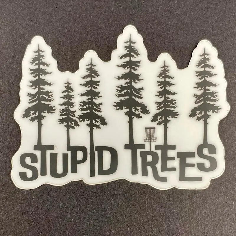 Stupid Trees Disc Golf Forest Design Vinyl Sticker, 3 inch x 2.5 inch. Thick Water & Weather Resistant Self-Adhesive Tape for DIY Crafts, Fridges & Any Surface with Easy Mounting