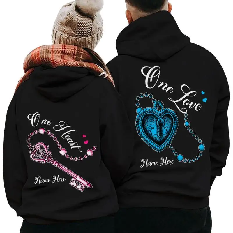Personalized Couple Hoodies One Love One Heart Graphic Hoodie for Men & Women Valentine's Day Gift Classic Unisex Fit Fleece Pullover