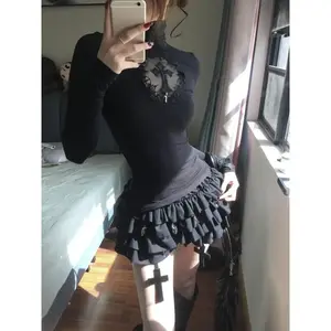 y2kAmerican Cross Lace Patchwork Dark Academia Clothes Turtleneck Slim Fit Top for Women Early Spring New Bottoming T-shirts Womenswear