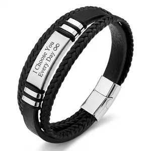Personalized Men's Leather Bracelet – Custom Engraved Stainless Steel, Minimalist Jewelry