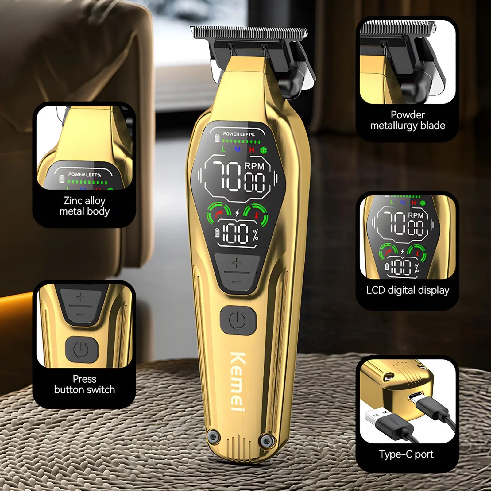 Kemei Km-1698+km-1697+km-T360 Electric Hair Trimmer Set, 2000mah High Capacity, Wireless Charging, 8600 Rpm, Perfect Grooming Kit for Men