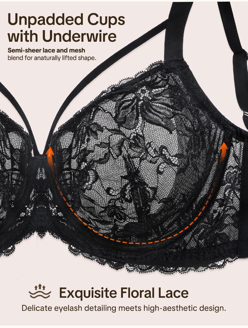 HSIA Pretty In Petals Sexy Unlined Lace Underwire Bra with Adjustable Straps for Women Plus Size Mesh Wings Non Padded Bra Full Coverage Minimizer Bra Lifting Support Daily Large Bust Bras Lightweight Comfort Brassiere Lingerie