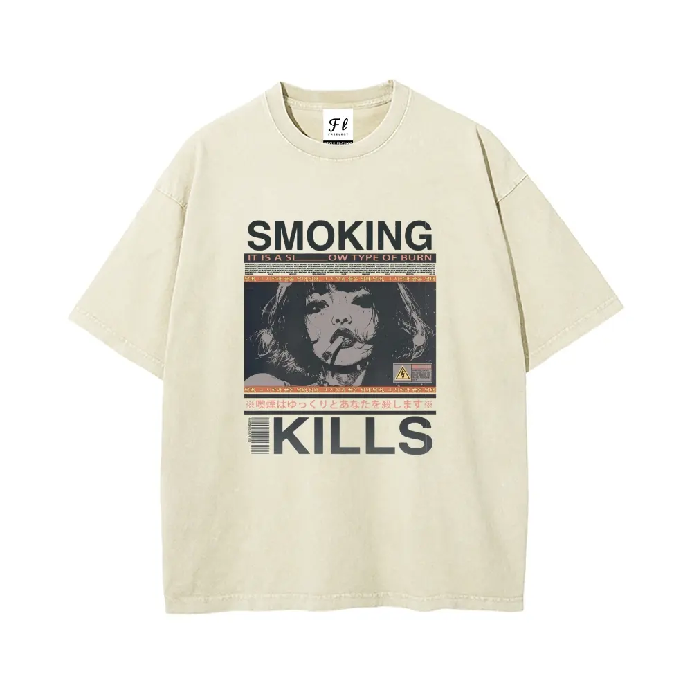"SMOKING KILLS" Anti-Smoking Campaign Design Unisex Plus Size Summer Graphic Tees Personalized Pattern Y2k Clothing Round Neck Short-Sleeved Washed T-Shirt,Women's Clothing 100% Cotton, Menswear, Top, Vintage Style, Casual Oversized