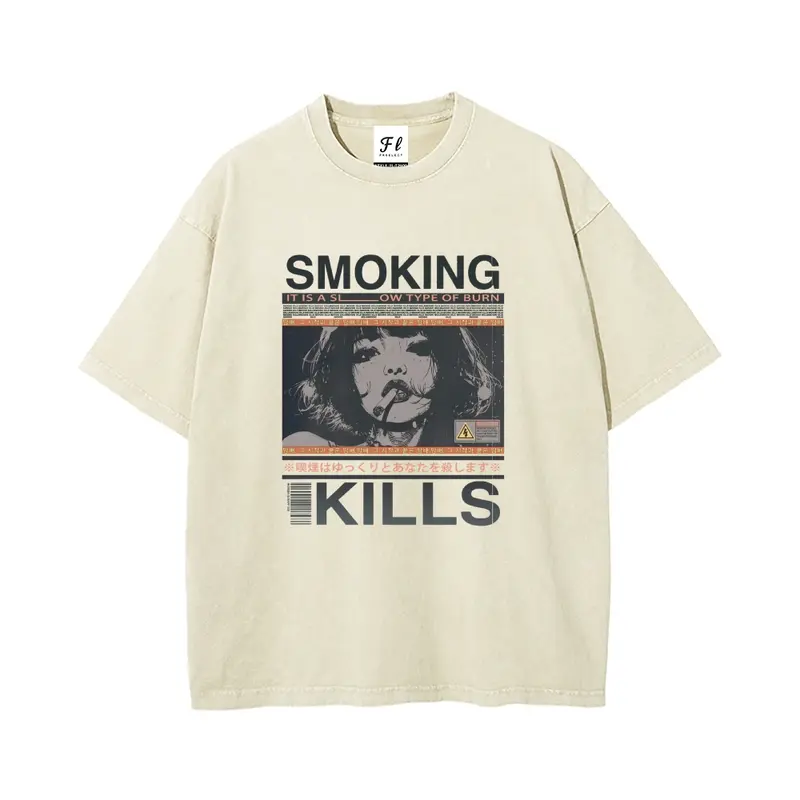 "SMOKING KILLS" Anti-Smoking Campaign Design Unisex Plus Size Summer Graphic Tees Personalized Pattern Y2k Clothing Round Neck Short-Sleeved Washed T-Shirt,Women's Clothing 100% Cotton, Menswear, Top, Vintage Style, Casual Oversized