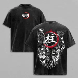 Menswear Unisex Demon Slayer Hashira Vintage Graphic T-Shirt - Washed Heavy Cotton Oversized Round Neck Short-Sleeve Tee, Distressed Casual Design Casual Streetwear Tops, Anime Kimetsu no Yaiba Double-Printed Top