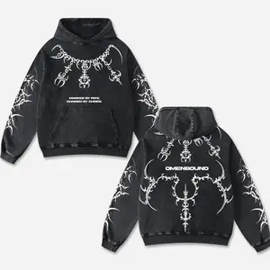 Retro Omenbound Washed Black Gothic Hoodie Cotton With Demon Tribal, Dark Streetwear Graphic Shirt, Dark Art Clothing Motorcycle Motorbike Supermotor Fan Gear