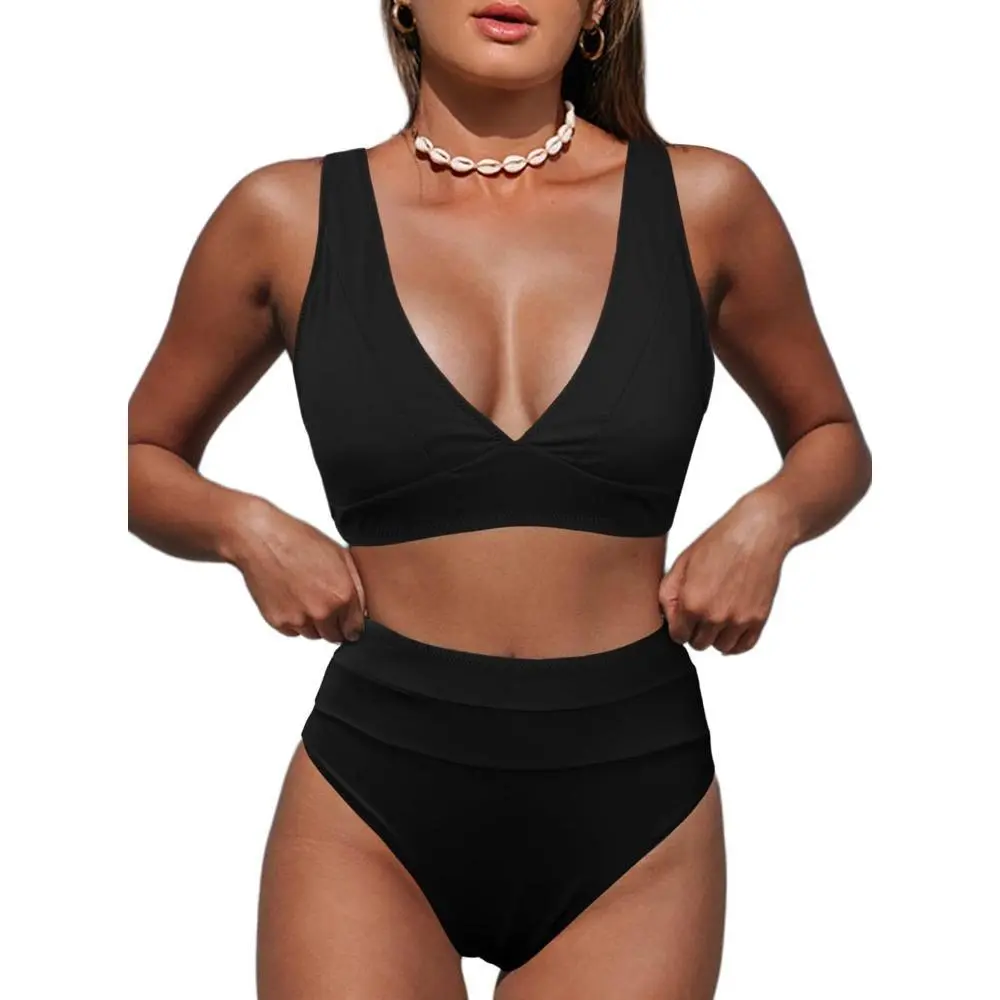 Women's Cheetah Print Colorblock 2-Piece Bikini Set - High-Waisted, High-Cut, Padded Bra, Soft Nylon Swimsuit (Black Brown) for Beach, Pool Party, Two-Pieces