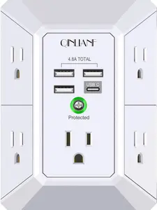 QINLIANF 5 Outlet Extender with 4 USB Charging Ports , Wall Charger, Surge Protector, (4.8A Total) 3-Sided 1680J Power Strip Multi Plug Adapter Spaced for Home Travel Office (3U1C)