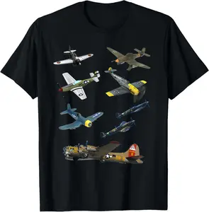 100% Cotton WW2 Planes Warbirds P51 Mustang Spitfire Messerschmitt T-Shirt