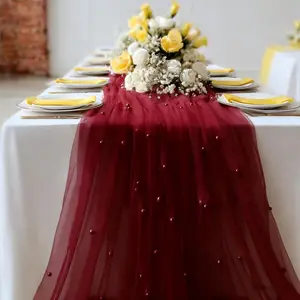 2-piece set, vintage burgundy pearl tulle, 30*119inch, suitable for party ceremony table runners/chair back ribbon decorations, romantic wedding dessert table decorations, home stair railings, and garden decorations.