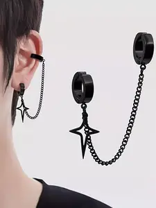 Stainless Steel Hip Hop Star Chain Pendant Earrings, No Piercing Required, Unisex Fashion Jewelry, Trendy Design, Casual Earring Clip