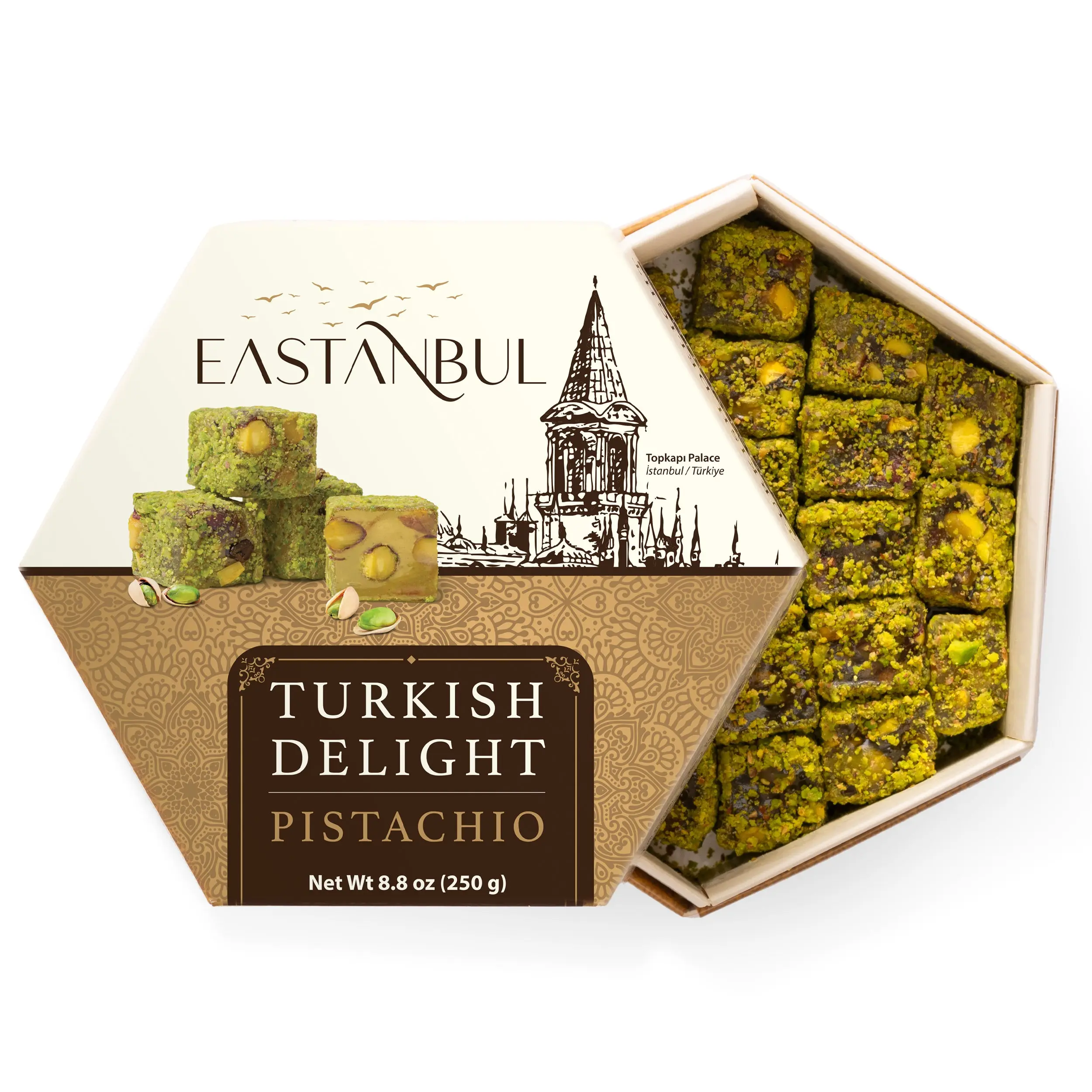 Eastanbul Turkish Delight Pistachio Filled, Double Roasted Pistachios, 8.8oz Lokum Candy, Premium Turkish Dessert Gift Box Sweet Rich