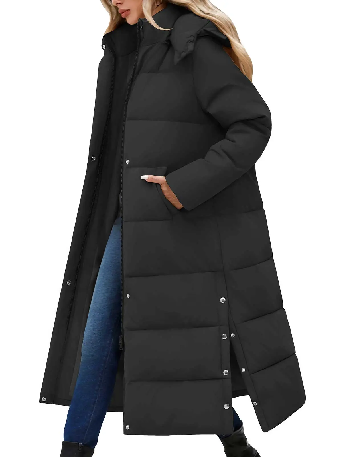 LNALIKA Women's Long Maxi Down Coat Winter Puffer Jacket Warm Padded Outerwear Faux Fur Removable Hood Parka Full-Zip