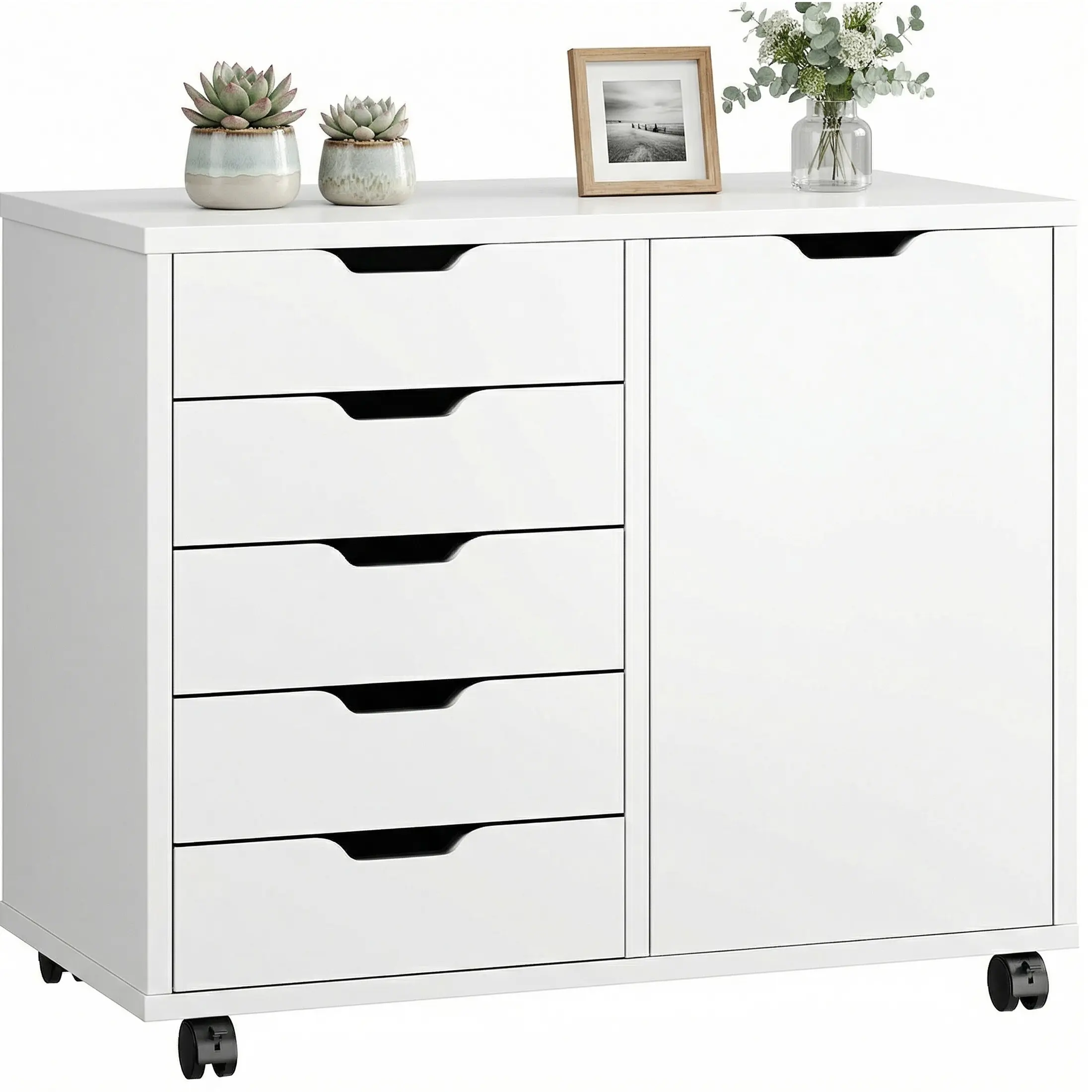 Sweetcrispy 5-Drawer Wood & Metal File Cabinet - Smooth Sliding Drawers, Adjustable Shelf, Caster Base Wheels, Rolling Laptop Table, Portable Storage Bookshelf, Home Office Furniture for Tools & Decor Use