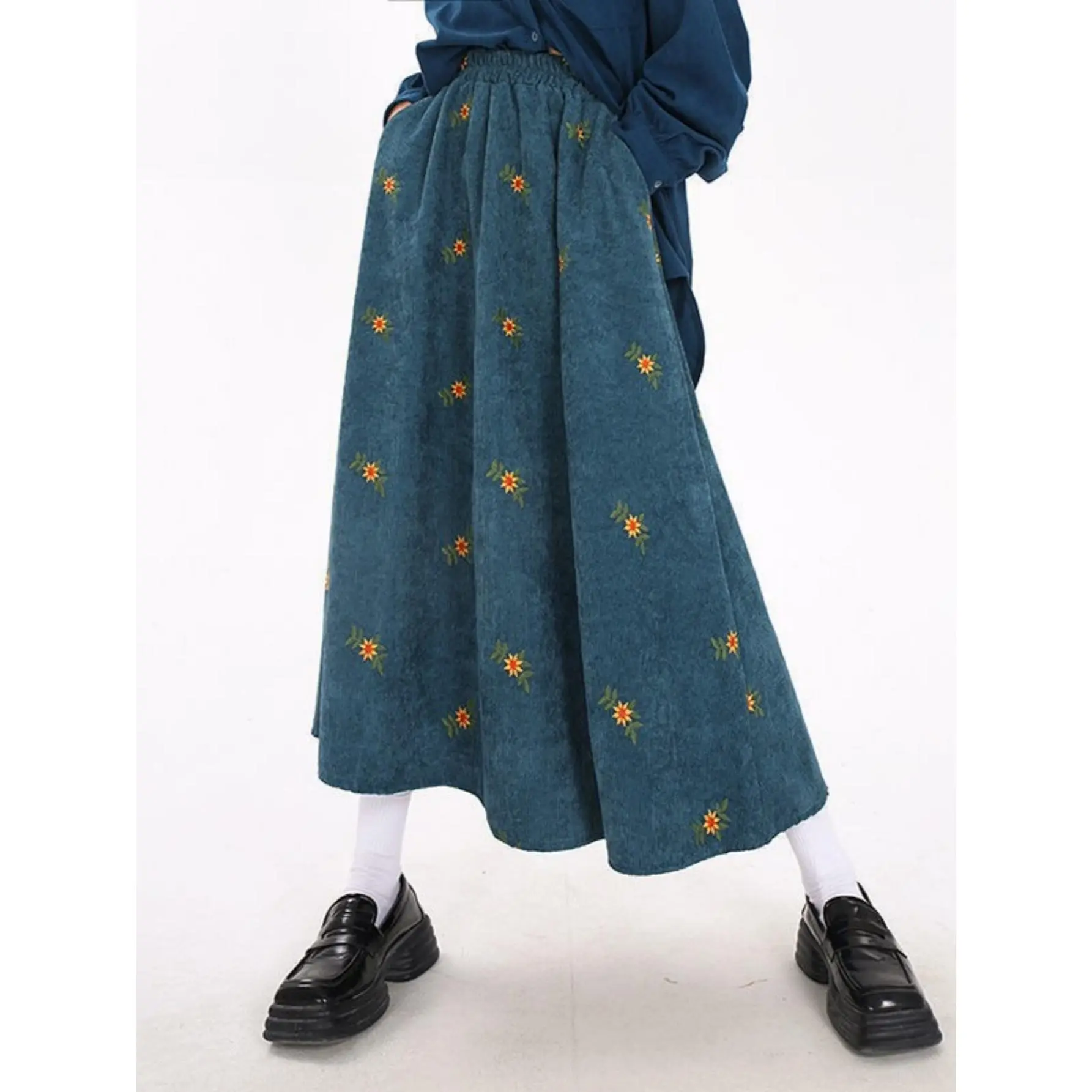 Women's Vintage Corduroy Bottom, YYW1 Lady's Autumn Winter Embroidered Floral Full-Length Skirt