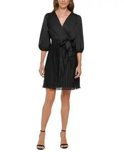 DKNY Women's Black Pleated Balloon Sleeve Faux Wrap Dress